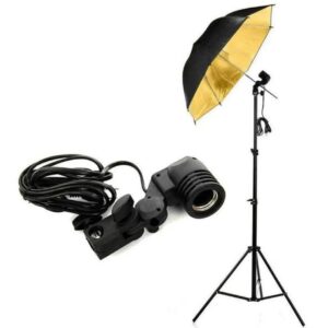 KIT ILUMINACION FOTOGRAFIA+TRIPODE+SOMBRILLA NEGRA CON DORADO+SOCKET X1+BOMBILLO 20W